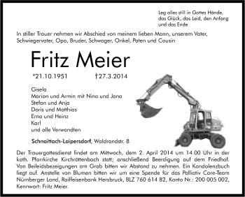 Traueranzeige von Fritz Meier von Pegnitz-Zeitung
